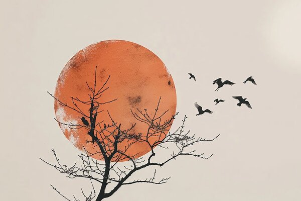 Quadro su tela – Japandi luna con stormo di uccelli