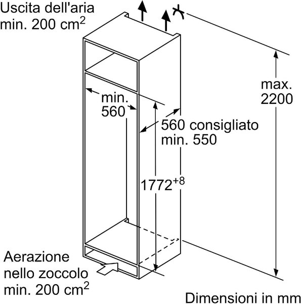 Bosch Frigorifero da Incasso Monoporta 310 Litri Classe E Raffreddamento Ventilato Serie 2 - KIR81NSE0