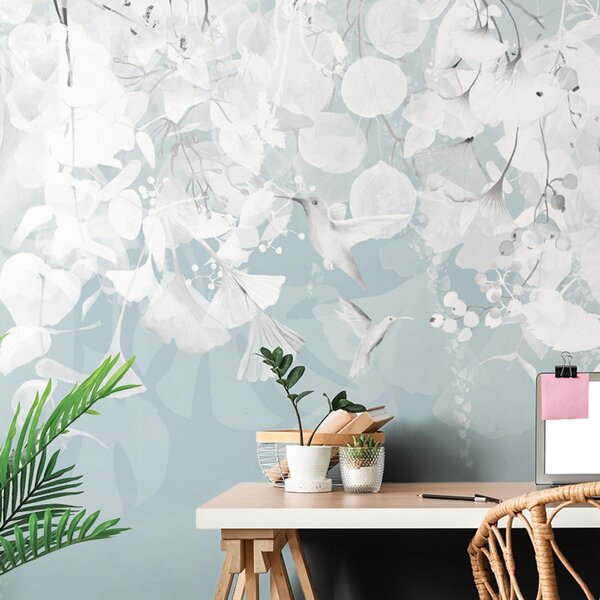 Carta da parati – Foglie con Colibrì in Blu-Grigio