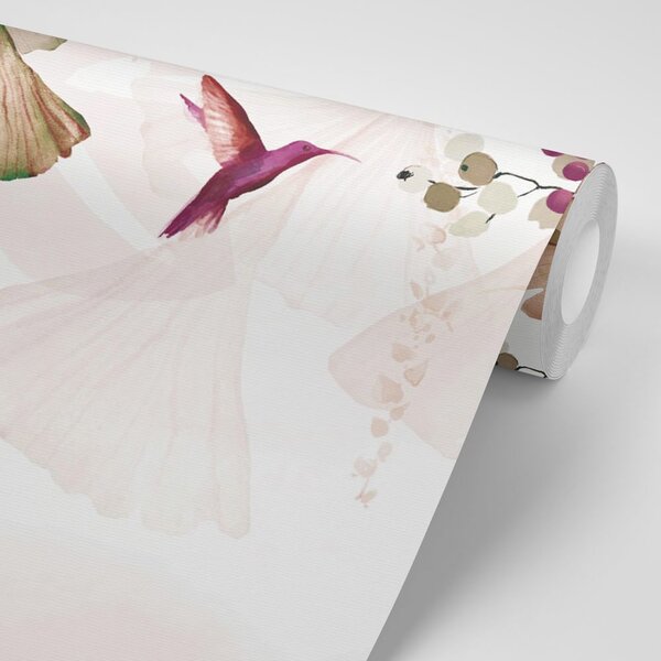 Carta da parati – Foglie con Colibrì in Marrone-Rosa