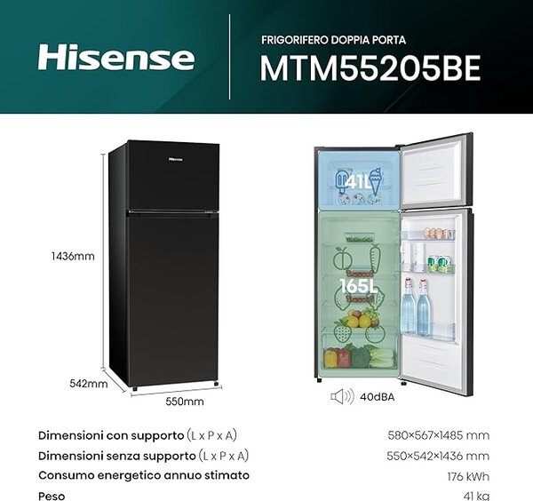 Hisense Frigorifero Doppia Porta Capacit 206 Litri Classe energetica E Raffreddamento Statico colore Nero - MTM55205BE