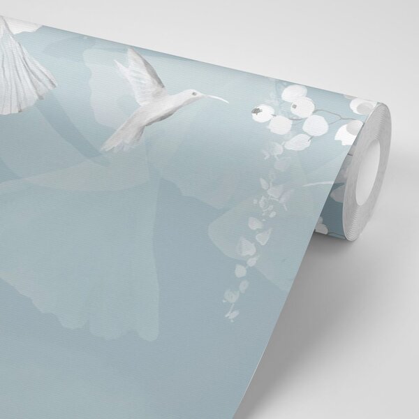 Carta da parati – Foglie con Colibrì in Blu-Grigio