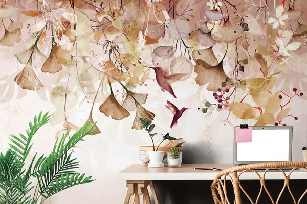 Carta da parati – Foglie con Colibrì in Marrone-Rosa