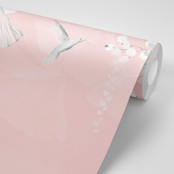 Carta da parati – Foglie con Colibrì in Rosa-Grigio