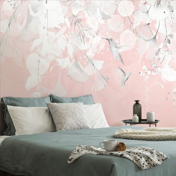 Carta da parati – Foglie con Colibrì in Rosa-Grigio