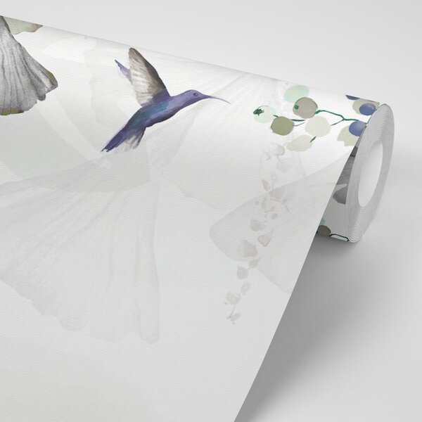 Carta da parati – Foglie con Colibrì in Verde-Grigio