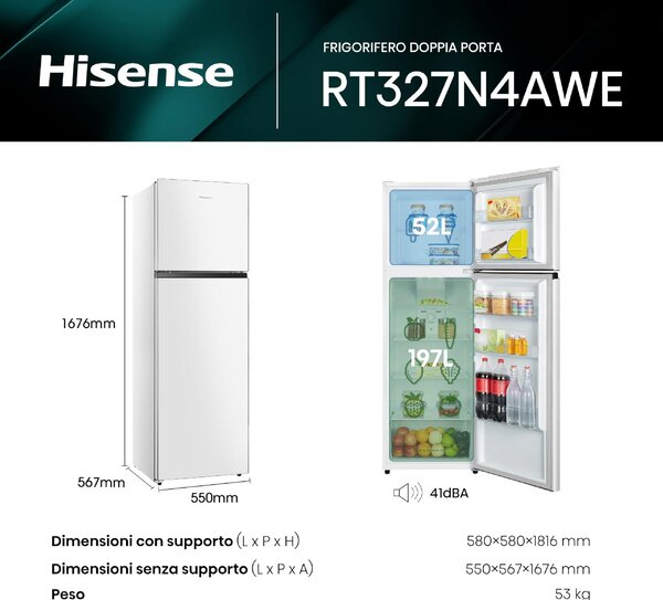 Hisense Frigorifero Doppia Porta Capacit 249 Litri Classe E Raffreddamento Total No Frost colore Bianco - RT327N4AWE