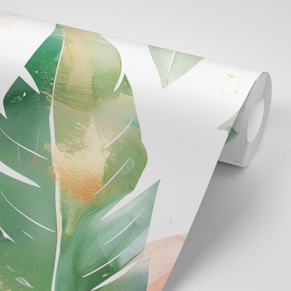 Carta da parati – Foglie acquerello verde-pesca