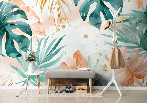 Carta da parati – Foglie tropicali verde-arancio