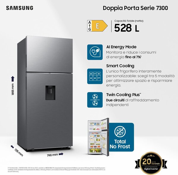 Samsung Frigorifero Doppia Porta Capacit 528 Litri Classe energetica E Raffreddamento No Frost colore Inox - RT53DG7B14S9