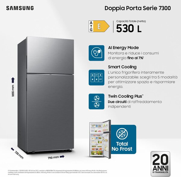 Samsung Frigorifero Doppia Porta Capacit 530 Litri Classe energetica E Raffreddamento No Frost colore Inox - RT53DG7A14S9