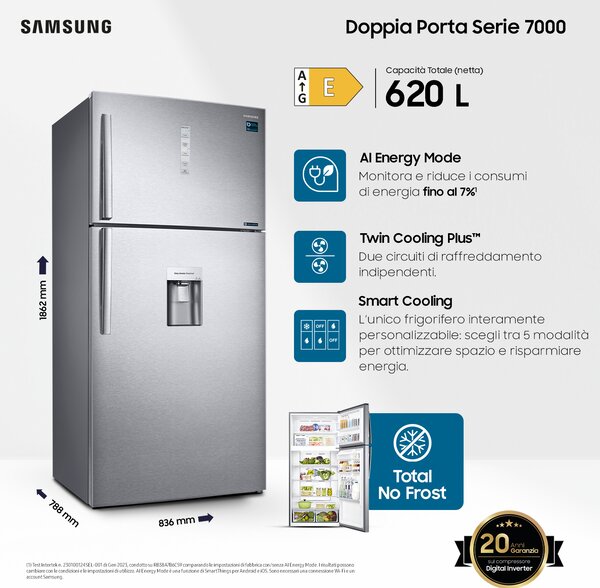 Samsung Frigorifero Doppia Porta Capacit 620 Litri Classe energetica E Raffreddamento No Frost colore Acciaio Inox - RT62K711RS