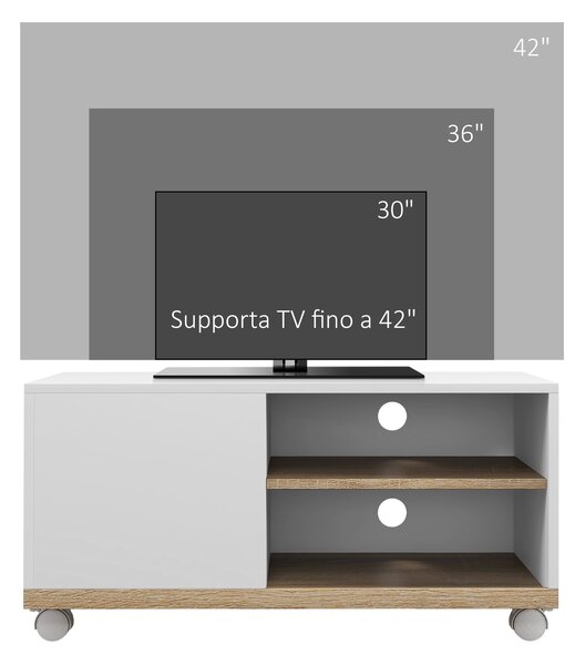 HOMCOM Mobile TV 42" Max con 2 Ripiani Aperti e Anta e Ruote, in Truciolato, 80x45x39.5 cm, Bianco|Aosom