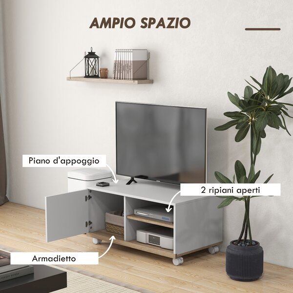 HOMCOM Mobile TV 42" Max con 2 Ripiani Aperti e Anta e Ruote, in Truciolato, 80x45x39.5 cm, Bianco|Aosom