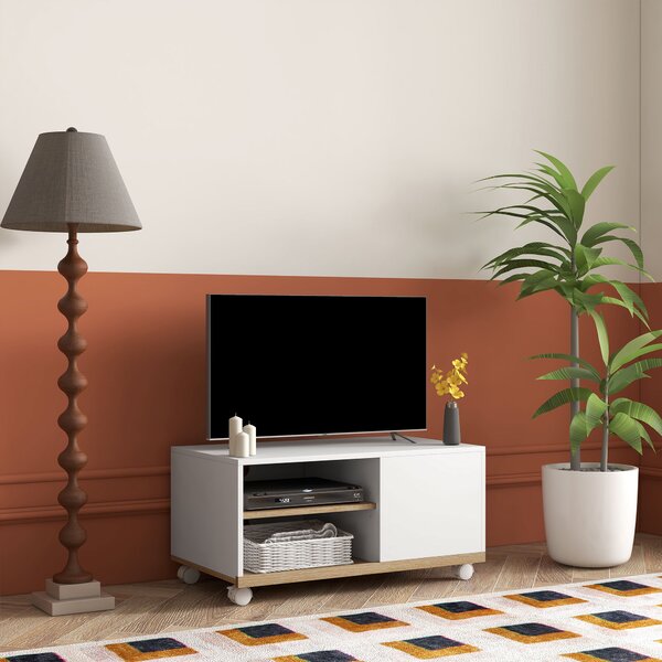 HOMCOM Mobile TV 42" Max con 2 Ripiani Aperti e Anta e Ruote, in Truciolato, 80x45x39.5 cm, Bianco|Aosom
