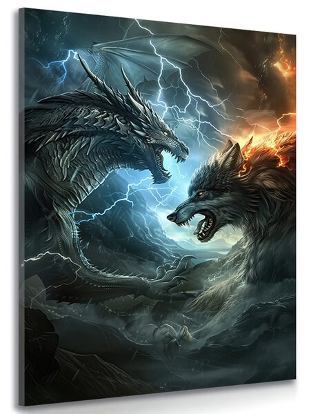 Quadro su tela – Duello tra drago e lupo