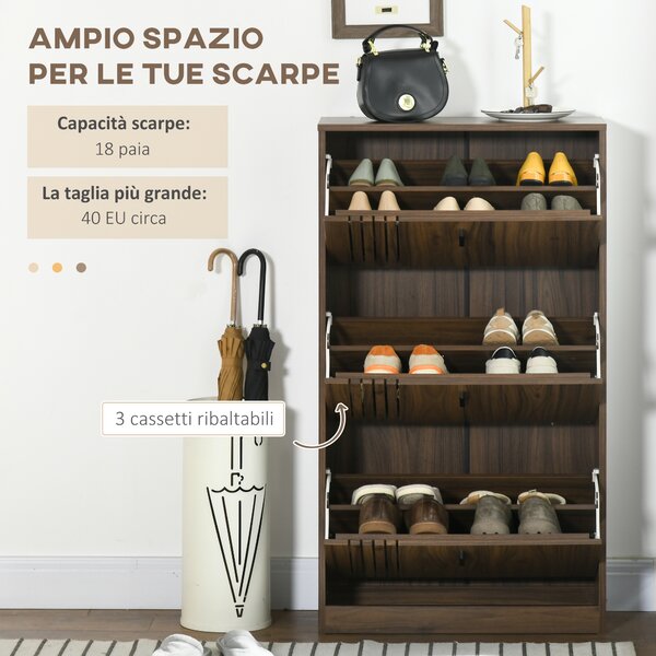 HOMCOM Scarpiera Ingresso a 3 Scomparti con Ripiani Interni Regolabili, in Legno, 63x24x114 cm, color Noce | Aosom