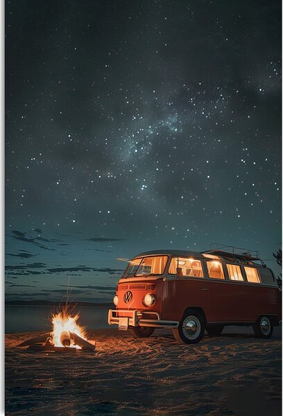 Stampa su tela – Falò sulla spiaggia sotto il cielo notturno - Volkswagen T1