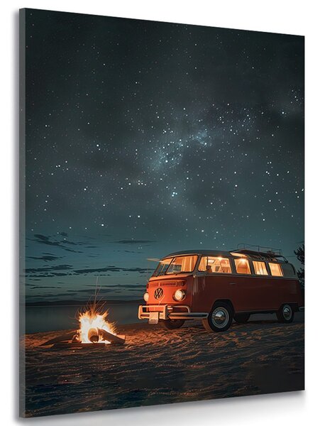 Stampa su tela – Falò sulla spiaggia sotto il cielo notturno - Volkswagen T1