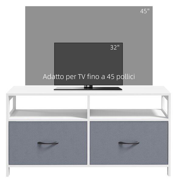 HOMCOM Mobile TV 45" max in MDF e Tessuto non Tessuto con 2 Cassetti e 2 Ripiani, 100x30x53 cm, Bianco e Grigio|Aosom