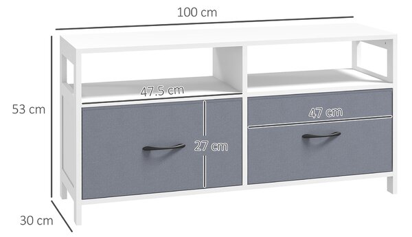 HOMCOM Mobile TV 45" max in MDF e Tessuto non Tessuto con 2 Cassetti e 2 Ripiani, 100x30x53 cm, Bianco e Grigio|Aosom