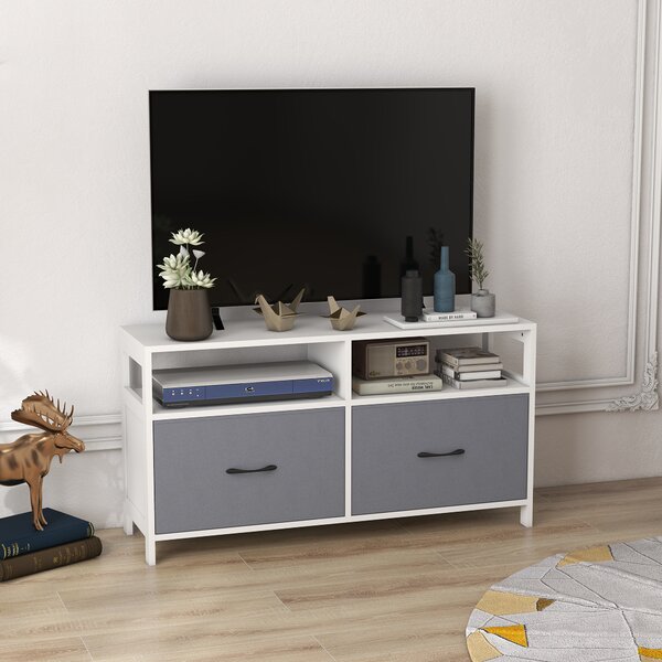 HOMCOM Mobile TV 45" max in MDF e Tessuto non Tessuto con 2 Cassetti e 2 Ripiani, 100x30x53 cm, Bianco e Grigio|Aosom