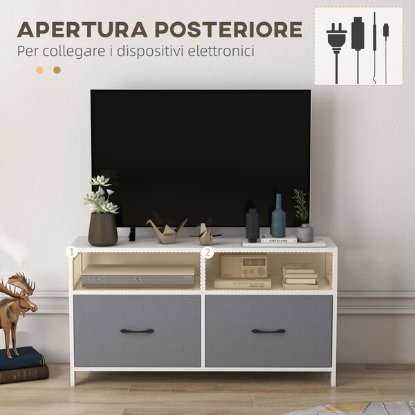 HOMCOM Mobile TV 45" max in MDF e Tessuto non Tessuto con 2 Cassetti e 2 Ripiani, 100x30x53 cm, Bianco e Grigio|Aosom