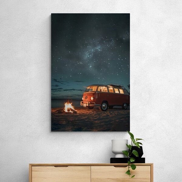 Stampa su tela – Falò sulla spiaggia sotto il cielo notturno - Volkswagen T1