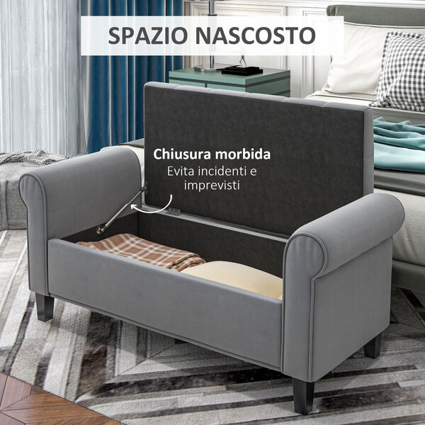 HOMCOM Panca Fondo Letto in Tessuto Vellutato con Spazio Portaoggetti e Braccioli, 126x48.5x57 cm, Grigio|Aosom