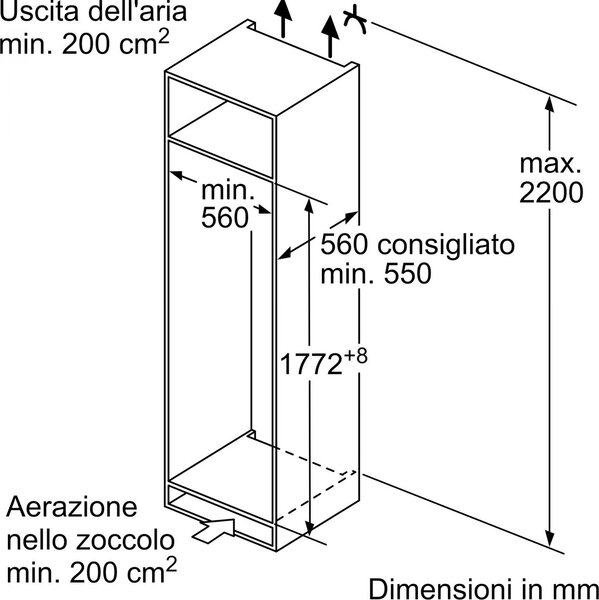Bosch Frigorifero Monoporta da Incasso Capacit 280 Litri Classe E Raffreddamento Ventilato con Congelatore - KIL82NSE0 Serie 2