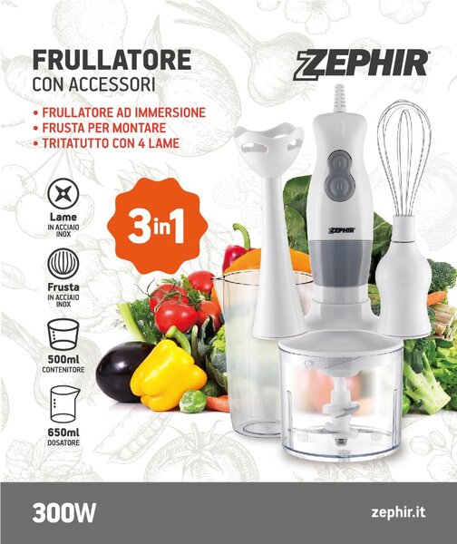 Zephir Frullatore ad Immersione Minipimer con Bicchiere e Accessori Potenza 400 Watt 2 Velocit colore Bianco - ZHC86