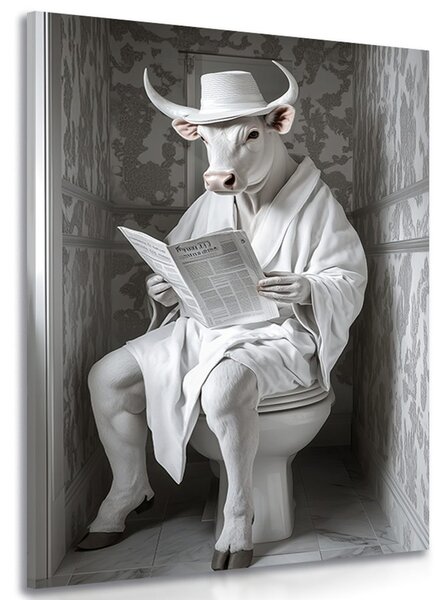 Stampa su tela – Toro bianco con giornali in bagno