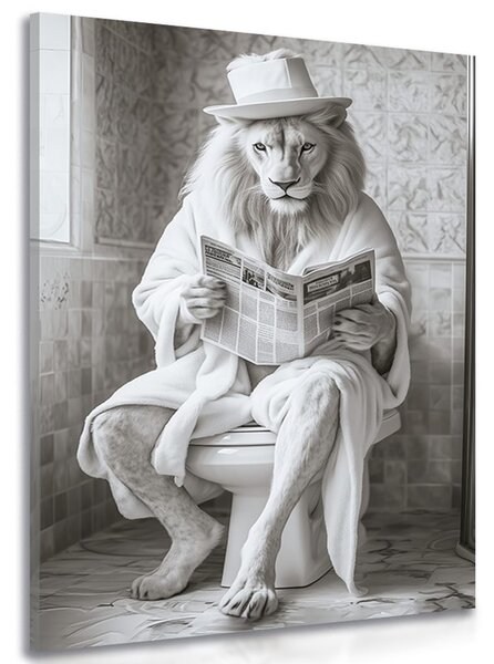Quadro su tela – Leone bianco con giornali in bagno