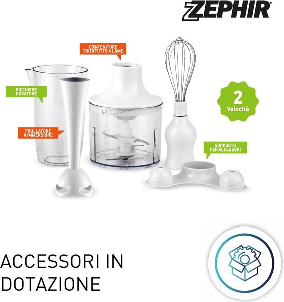 Zephir Frullatore ad Immersione Minipimer con Bicchiere e Accessori Potenza 400 Watt 2 Velocit colore Bianco - ZHC86