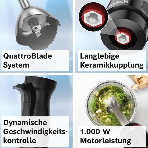 Bosch Frullatore ad Immersione Minipimer Potenza 1000 Watt con Bicchiere da 1.2 Litri colore Nero - MSM4B6V2 Serie 4
