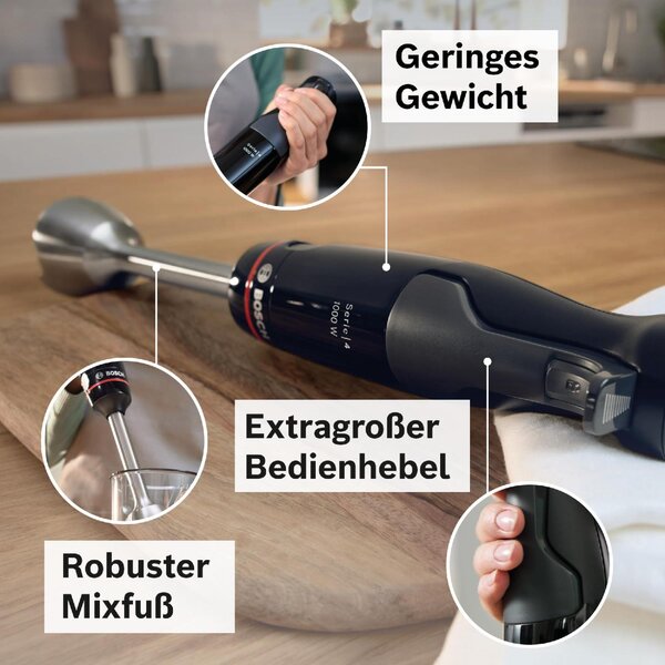Bosch Frullatore ad Immersione Minipimer Potenza 1000 Watt con Bicchiere da 1.2 Litri colore Nero - MSM4B6V2 Serie 4