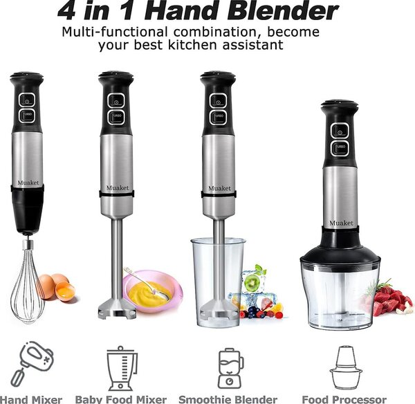 Black & Decker Frullatore ad Immersione Minipimer Potenza 1200 watt con 20 Velocit e Lame in Acciaio Inox colore Grigio