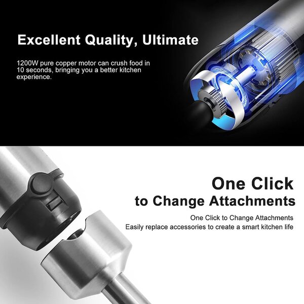 Black & Decker Frullatore ad Immersione Minipimer Potenza 1200 watt con 20 Velocit e Lame in Acciaio Inox colore Grigio