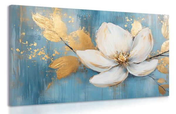Quadro su tela – Fiore bianco con foglie dorate