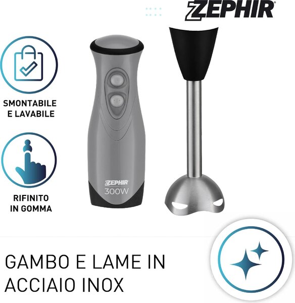 Zephir Frullatore ad Immersione Minipimer Potenza 300 watt colore Grigio - ZHC84