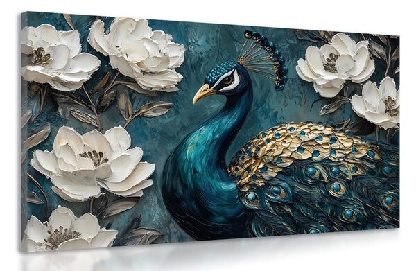 Quadro su tela – Ritratto di pavone tra i fiori