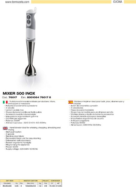 Termozeta Frullatore ad Immersione Minipimer Potenza 500 watt Lame inox colore Bianco Grigio - 76017 Mixer 500