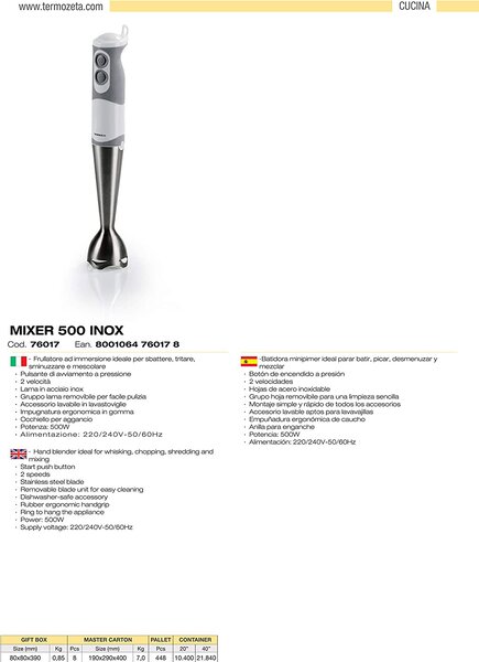 Termozeta Frullatore ad Immersione Minipimer Potenza 500 watt Lame inox colore Bianco Grigio - 76017 Mixer 500