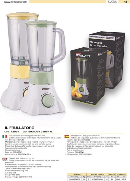 Termozeta Frullatore con Bicchiere 1 Litro lame in acciaio inox potenza 400 watt colore Bianco / Giallo - 73954