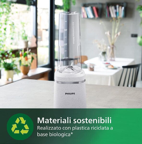 Philips Frullatore con Bicchiere Capacit 0,6 Litri Potenza 350W colore Bianco serie 5000 Eco Conscious - HR250000