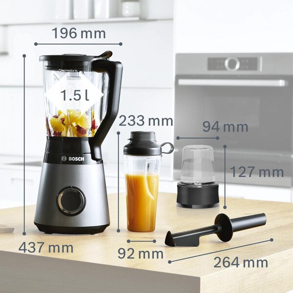 Bosch Frullatore con Bicchiere Capacit 1.5 Litri Potenza 1200 Watt 2 Velocit + Pulse con Accessori colore Nero e Argento - MMB6177S VitaPower Ser