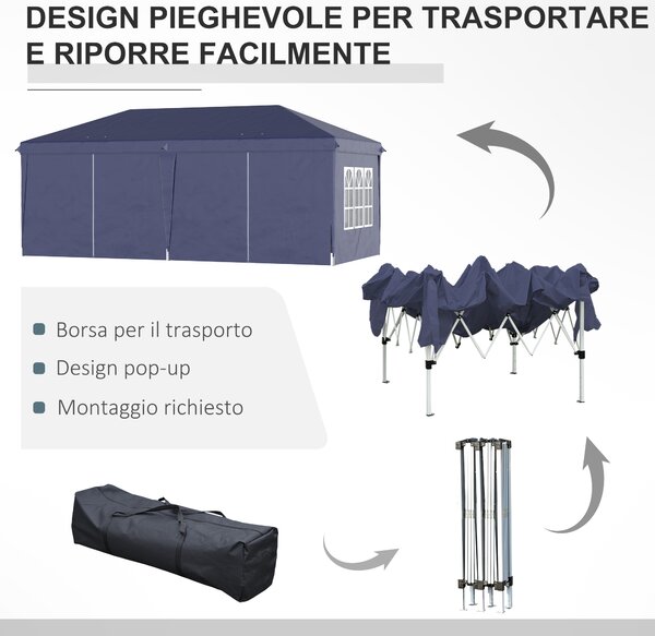 Outsunny Gazebo Pieghevole con 6 Pannelli Laterali da Giardino e Esterno, 585x295 cm, Blu | Aosom Italy