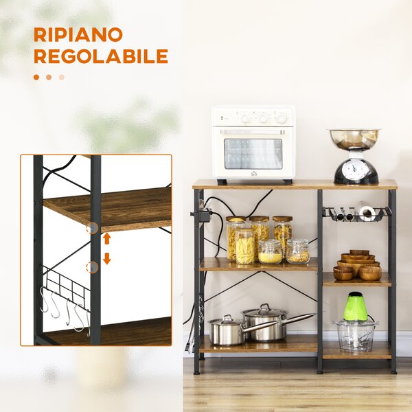 HOMCOM Mobile da Cucina a 3 ripiani in Truciolato con Presa di corrente, Porta USB e Cestino, 90x40x83cm|Aosom