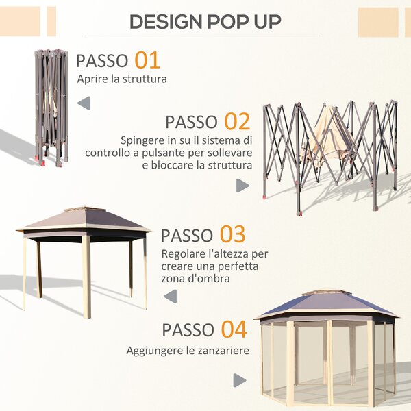 Outsunny Gazebo Pieghevole da Giardino con Zanzariera e Doppio Tetto 405x340x285 cm, Beige|Aosom