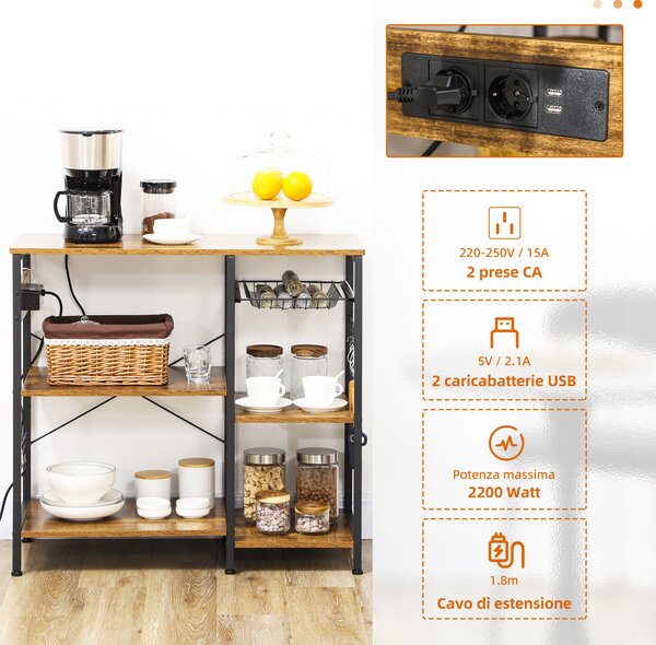 HOMCOM Mobile da Cucina a 3 ripiani in Truciolato con Presa di corrente, Porta USB e Cestino, 90x40x83cm|Aosom